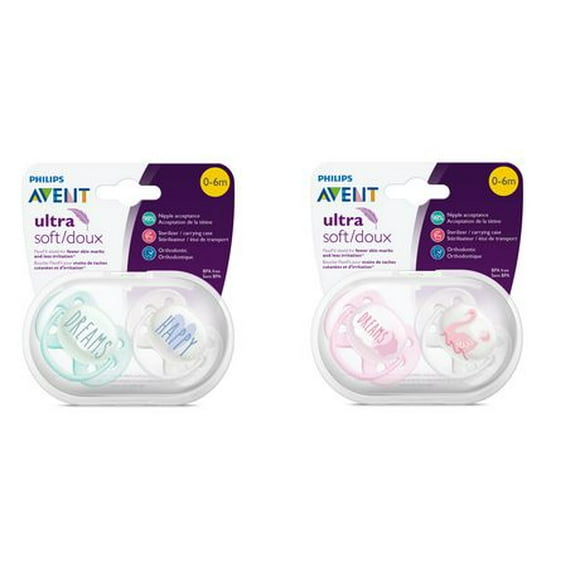 Philips Avent Ultra Soft Pacifier, 0-6 months, Mixed, 2 pack, SCF224/03, 2 pack Ultra Soft Pacifier