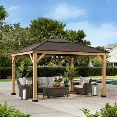 Sunjoy 11 ft. x 13 ft. Cedar Framed Gazebo with Brown Steel and ...