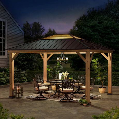 Sunjoy 11 ft. x 13 ft. Cedar Framed Gazebo with Brown Steel and ...