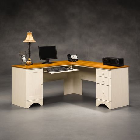 Sauder Harbor View, Corner Computer Desk, Antiqued White finish with ...