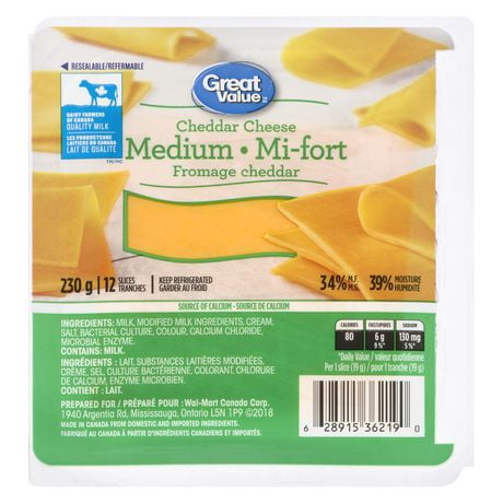 Tranches de fromage cheddar mi-fort Great Value 230 g, 12 tranches