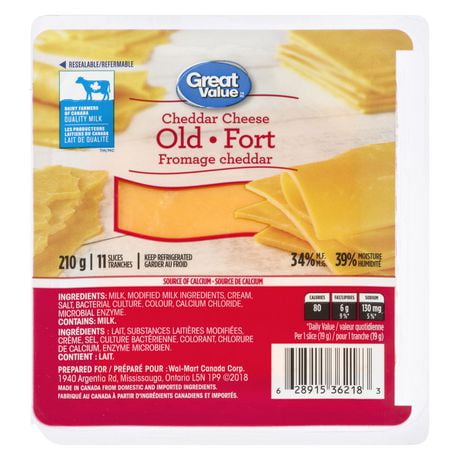 Tranches de fromage cheddar fort Great Value 210 g, 11 tranches