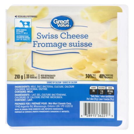 Tranches de fromage suisse Great Value 210 g, 11 tranches