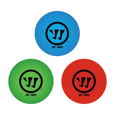 Warrior 3pk Balles de hockey de rue coloré - Bleu, Verte et Rouge 2 5/8 po x 50 g