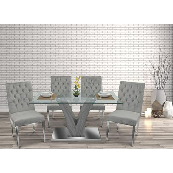 K-Living Kelly 5 Pcs Dining Set with Tempered Glass Top Dining Table and Velvet Upholstered Dining Chairs in Grey