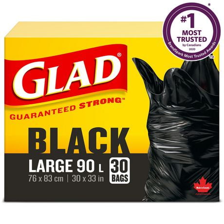Glad Black Garbage Bags - Large 90 Litres - 30 Trash Bags, 30 Bags, Large