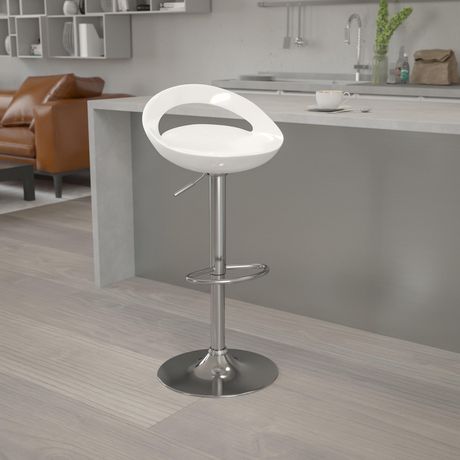 Contemporary and White Adjustable Height Plastic Barstool with Chrome Base 