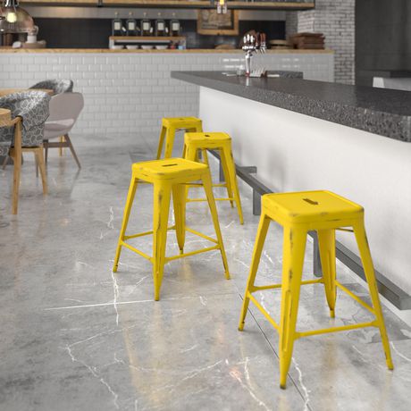 24 High Backless Distressed Yellow, Clear Bumpers For Bar Stools With Backs