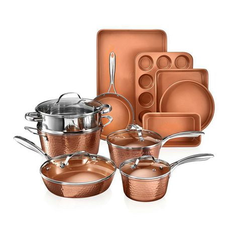 Collection Hammered Copper - Batterie de cuisine et ustensiles de cuisson de qualité supérieure de 15 pièces avec revêtement antiadhésif, composition en aluminium - Va au lave-vaisselle