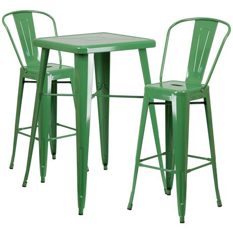 23.75'' Square Green Metal Indoor-Outdoor Bar Table Set with 2 Stools