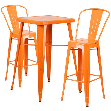 23.75'' Square Orange Metal Indoor-Outdoor Bar Table Set with 2 Stools