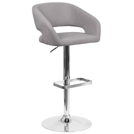 Contemporary Gray Fabric Adjustable Height Barstool with Rounded Mid-Back and Chrome Base