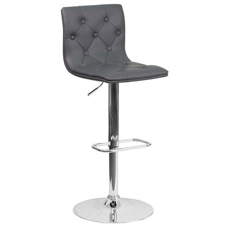 Contemporary Tufted Gray Vinyl Adjustable Height Barstool with Chrome Base
