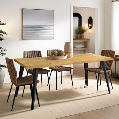 Homycasa Table de salle à manger ondulée contemporaine de 63 po avec pieds en métal élégants, confortable pour 6 personnes, grain de bois de chêne noyer