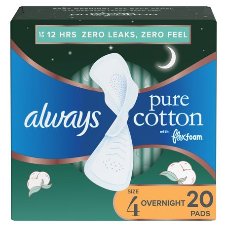 Always Pure Cotton with FlexFoam Pads for Women Size 4 Overnight  Absorbency, Up to 12 hours Zero Leaks, Zero Feel Protection, with Wings, 20  Count 