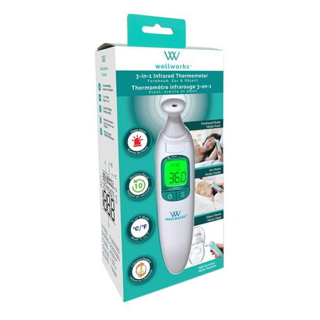 Wellworks™ Thermomètre infrarouge auriculaire et frontal Bip d'alarme de fièvre