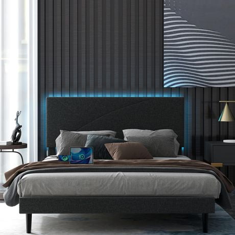 Homy Casa Modern Upholstered Platform Bed with LED Lights Type C USD Charging Plug- Sturdy Wooden Slats and Metal Legs, Twin/ Queen for Bedrooms, Hotels, Apartments