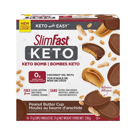 SlimFast Keto Bomb Snacks, 14x17g Chocolate Peanut Butter Cups Per Box, 238 Grams, 14pc x 17g