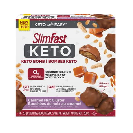 Slimfast Keto Bomb Snacks, 14x20g chocolat Caramel Nut Clusters par boîte, 280 grammes Bombes Slimfast KETO 14 pièces x 20g