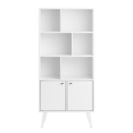 Prepac Milo Mid-Century Modern Bookcase with Two Doors, White