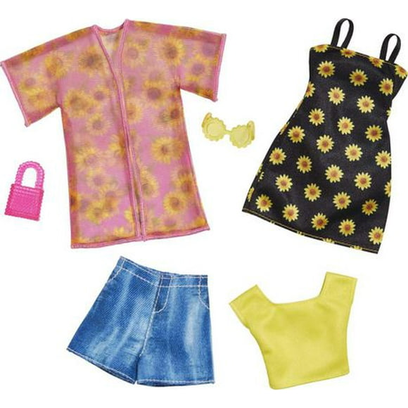 ​Barbie Fashions 2-Pack, 2 Outfits & 2 Accessories: Shirt, Shorts & Kimono, Sleeveless Sunflower Dress, Purse & Sunglasses, Kids 3 Years Old & Up
