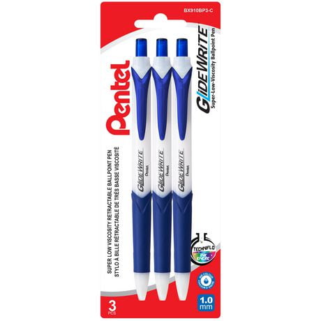 GlideWrite Ballpoint Pen with TechnIFlo Ink, (1.0mm) Bold Point, Blue Ink, 3PC Pack, GlideWrite Ballpoint