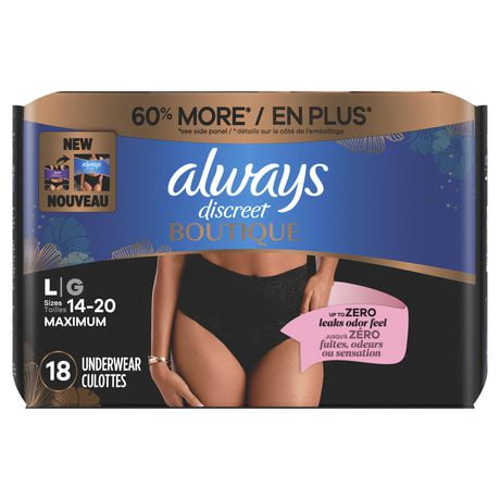 Culottes d’incontinence et de post-partum Always Discreet Boutique, protection maximale, pour femmes, taille G, couleur noire, 18∘culottes 18CT