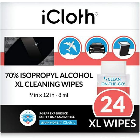 iCloth 70% Isopropyl Alcohol Cleaning Wipes – for Extra-Large Devices and Surfaces – Screen Cleaner for All Kinds of Large Electronics – Streak-Free Formula and Lint-Free Cloth – Box of 24