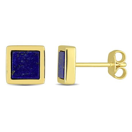 Miabella Men's 1 Carat T.G.W. Lapis Yellow Gold Flash Plated Sterling Silver Square Stud Earrings