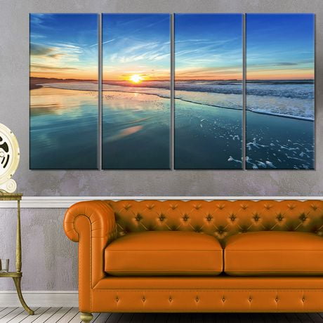 Design Art Blue Seashore with Distant Sunset Seashore Canvas Wall Art ...