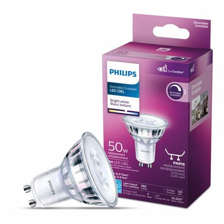 Philips Ampoule DEL GU10 ENERGY STAR, équivalence de 50 W, 3 000 K, verre, blanc brillant, ens. de 3