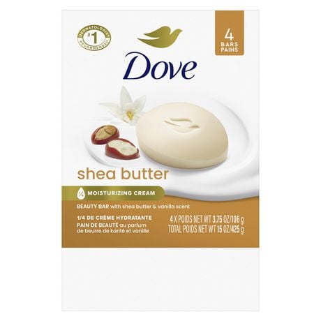 Dove Beauty Bar Soap for Nourished, Radiant Skin, Shea Butter Enriches Skin, 106g (Pack of 4)