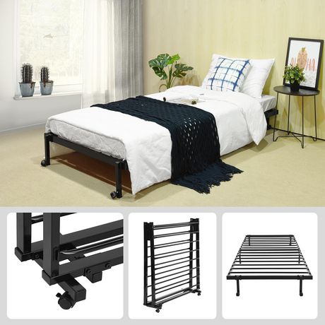 Platform Foldable Metal Bed Frame Twin, Folding Twin Bed Frame With Wheels