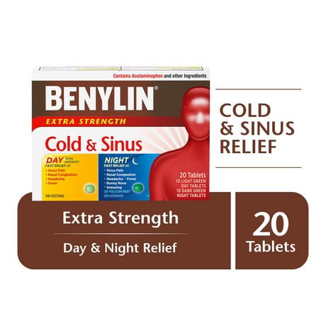 BENYLIN® Extra fort, Rhume et sinus, Duo pratique Jour/Nuit, soulage les symptômes du rhume et des sinus 20 comprimés