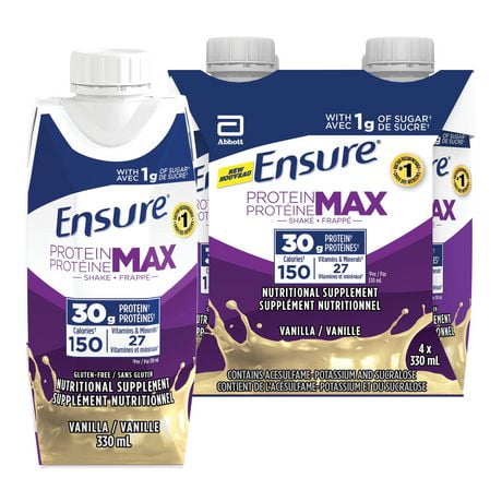 Ensure Protein Max 30 g Nutrition Shake Supplement, Vanilla Protein Drink with 30 g of High-Quality Protein, 1 g of Sugar, 330 mL (Pack of 4), 1320 mL, Vanilla, 4 x 330 mL