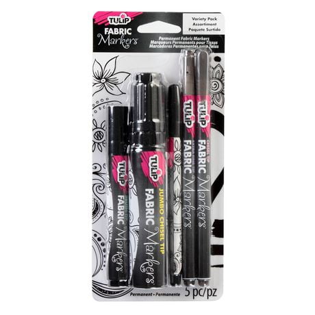 Tulip Permanent Nontoxic Fabric Markers 5 Pack Variety Pack, Markers 5 Pack Variety Pack