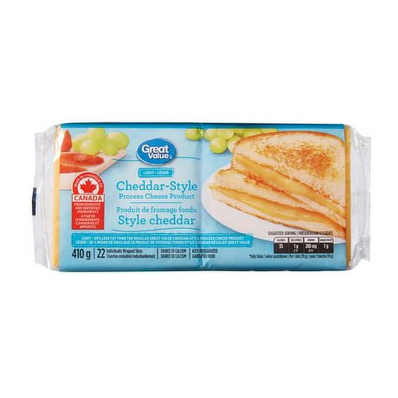 Great Value Cheddar-Style Process Light Cheese Product, 410 g, 22 slices