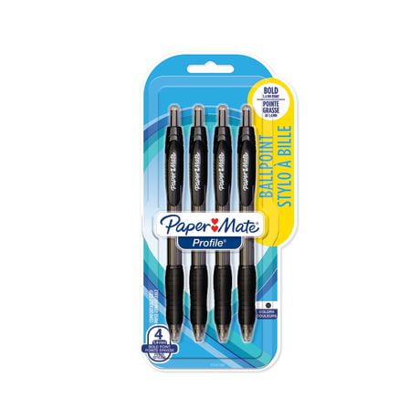Papermate Profile Ballpoint Pens, Retractable, 1.4 mm, Black, 4/Pack, Comfort grip