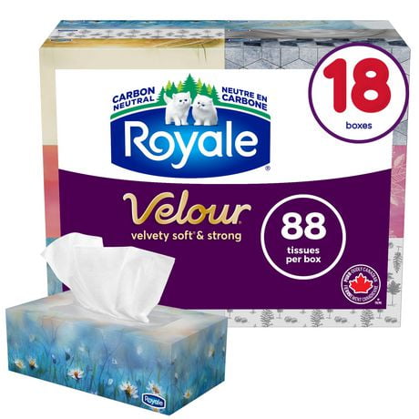 Royale Velour Facial Tissue, 18 Flat Boxes, 88 Tissues per box, 3-Ply, 1584 Tissues