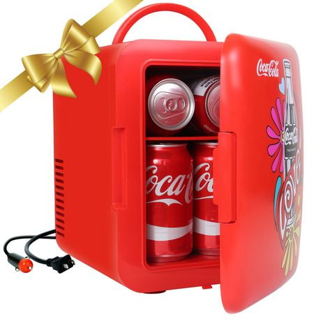 Coca-Cola 4L Portable Mini Fridge, 6 Can Mini Cooler/ Warmer for Travel, Office & Home- Red