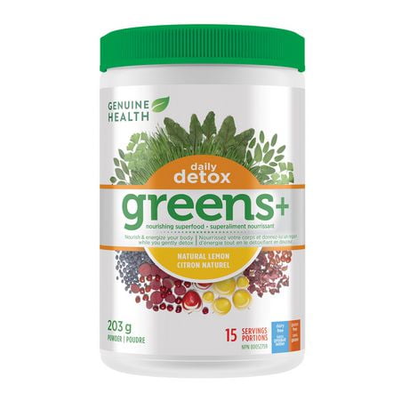 Genuine Health Greens+ Detox Superfood Greens Powder Natural Lemon flavour, 15 servings, 203g, Antioxidants and Polyphenols for daily liver and kidney toxin cleanse, non-GMO