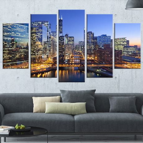 Design Art Chicago River with Bridges at Sunset Cityscape Canvas Art ...