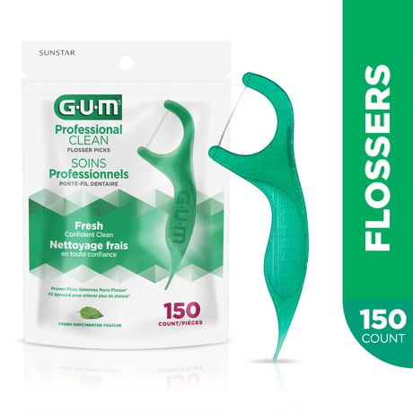 GUM® Professional Clean Flossers Picks, Extra Strong Floss Proven to Remove More Plaque, Fresh Mint Flavour, 150 Count
