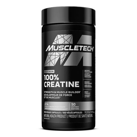 MuscleTech Platinum 100 % créatine - Constructeur de muscles et de force pour hommes et femmes | Supplément de récupération à l'entraînement | 100 gélules végétaliennes | 50 portions Capsules de créatine 100 % végétaliennes Creapure