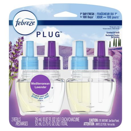 Recharges pour assainisseur d’air éliminateur d’odeurs Febreze PLUG Fade Defy, parfum Mediterranean Lavender, (2) recharges d’huile 2 unités, 1.74 fl. Oz