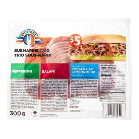 Olymel Sliced Meat Trio Salami,<br>Pepperoni, Smoked Ham, 3 x 100 g, 300 g total