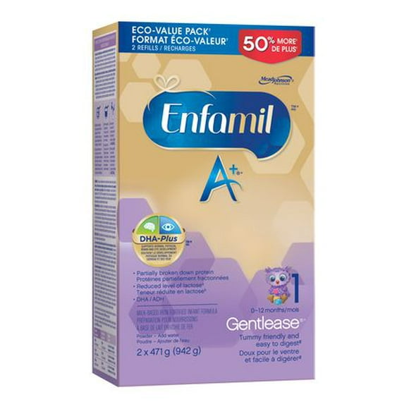 Enfamil A+ Gentlease, Baby Formula, Easy to Digest, Contains DHA ( a type of Omega-3 fat), Value Pack, Powder Refill, 942g, 2 x 471g
