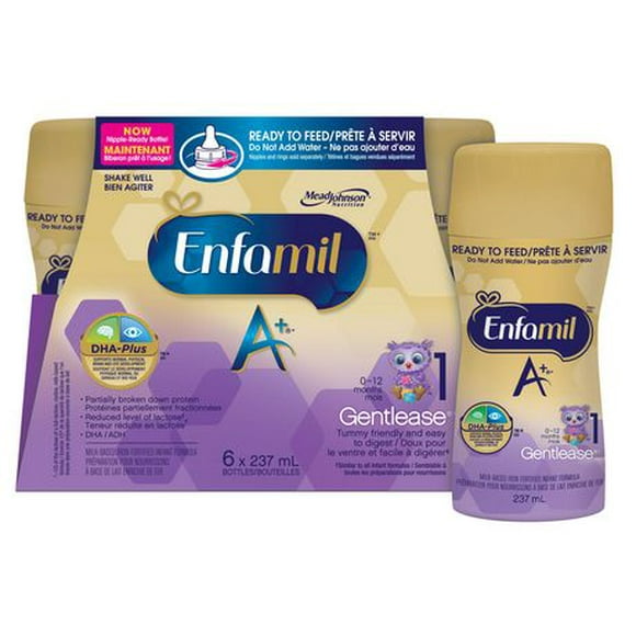 Enfamil A+ Gentlease, Baby Formula, Easy to Digest, Ready to Feed, Nipple-Ready Bottles, Contains DHA ( a type of Omega-3 fat), 237ml x 6 count