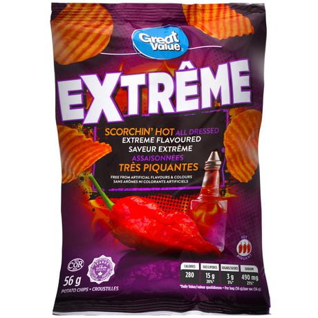 Great Value Extrême Scorchin' Hot All Dressed Flavoured Potato Chips, 56 g