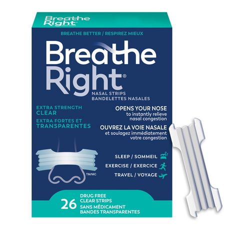 Breathe Right Bandelettes nasales Transparentes, Plus fortes | Soulage instantanément la congestion nasale | Sans médicament 26 Bandelettes Transparentes